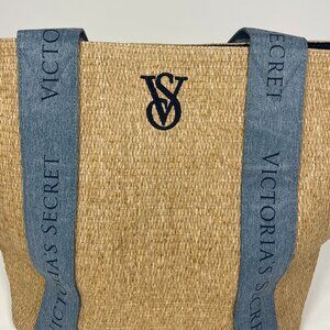 Victoria's Secret Straw Tote Bag‎ with Denim Straps, Large, VS Logo